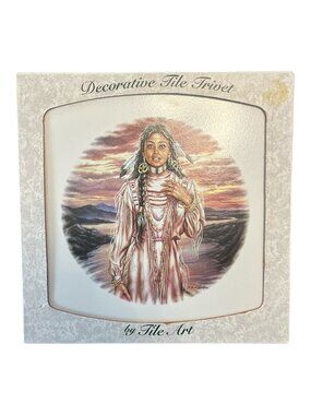 Vintage Decorative Tile Trivet Native American Portrait Sunset Scene 8 Inch USA